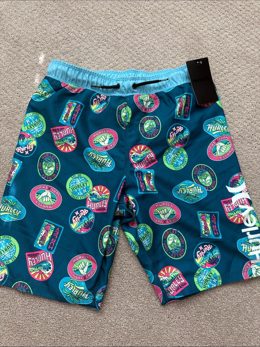 BOYS Hurley Teal Boardshorts with Neon Sticker Print